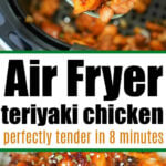 A spoonful of air fryer teriyaki chicken sits in the basket, topped with sesame seeds and green onions for a flavorful finish.