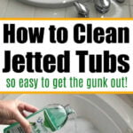 Jetted bathtub with arrows, cleaning a jetted tub instructions, and someone pouring cleaner into a tub of water.