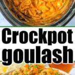 Overhead view of Goulash in the Crock-pot, served in a bowl and topped with chopped parsley.