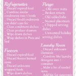 February cleaning checklist printed on a pink background, featuring tasks for the refrigerator, freezer, purging unwanted items, and organizing the laundry room.
