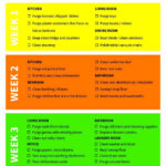 Colorful 30-day clean house checklist featuring a weekly schedule with tasks for each room and handy checkboxes to track your progress.