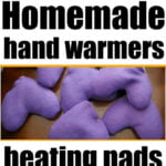 Three images of purple homemade hand warmers and heating pads, including some packaged with a cute label.