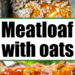 Sliced meatloaf without breadcrumbs and made with oats, topped with tomato sauce, shown in a pan and close-up view.