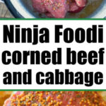Raw and cooked ninja foodi corned beef and cabbage simmer with savory seasonings in a pot, ready to be served for a hearty meal.