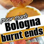 Fork holding a cube of seasoned Bologna Burnt Ends above a plate, with more smoky bologna cubes resting on a wire rack below.