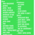 Backyard clean up checklist with tasks for cleaning and maintenance, like lawn care, grill cleaning, and pool maintenance, on a green background featuring a small tree graphic.