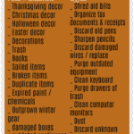 November purge checklist with tasks for attic/basement and office, perfect for clearing clutter. Featuring autumn leaves on the border, it inspires a fresh start before winter.