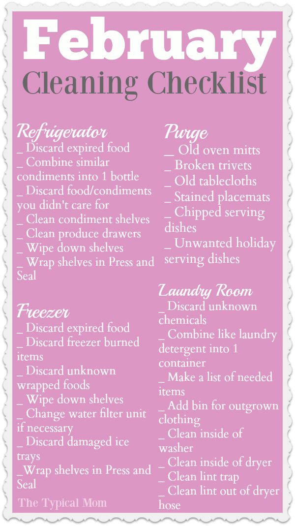 February cleaning checklist to keep you organized and purge your house! Focusing on one area in your house each month is key to your overall success. Here is a kitchen cleaning and purging list for this month as well as a link to my free monthly cleaning schedule ebook. #february #cleaning #schedule #monthly #freeprintable #thetypicalmom #organization #checklist #purging A February cleaning checklist graces a pink background, detailing tasks for the refrigerator, freezer, purge items, and laundry room. Each section offers specific cleaning and organizing activities to refresh your space this month.