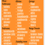 Orange moving checklist with sections for move-in or move-out cleaning, covering kitchen, garage, bedrooms, and laundry room tasks.