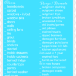 A pastel blue printable moving checklist features sections for Clean and Purge/Donate. Tasks include cleaning baseboards, windows, and carpets, along with purging items such as outgrown clothing, old books, and expired food.