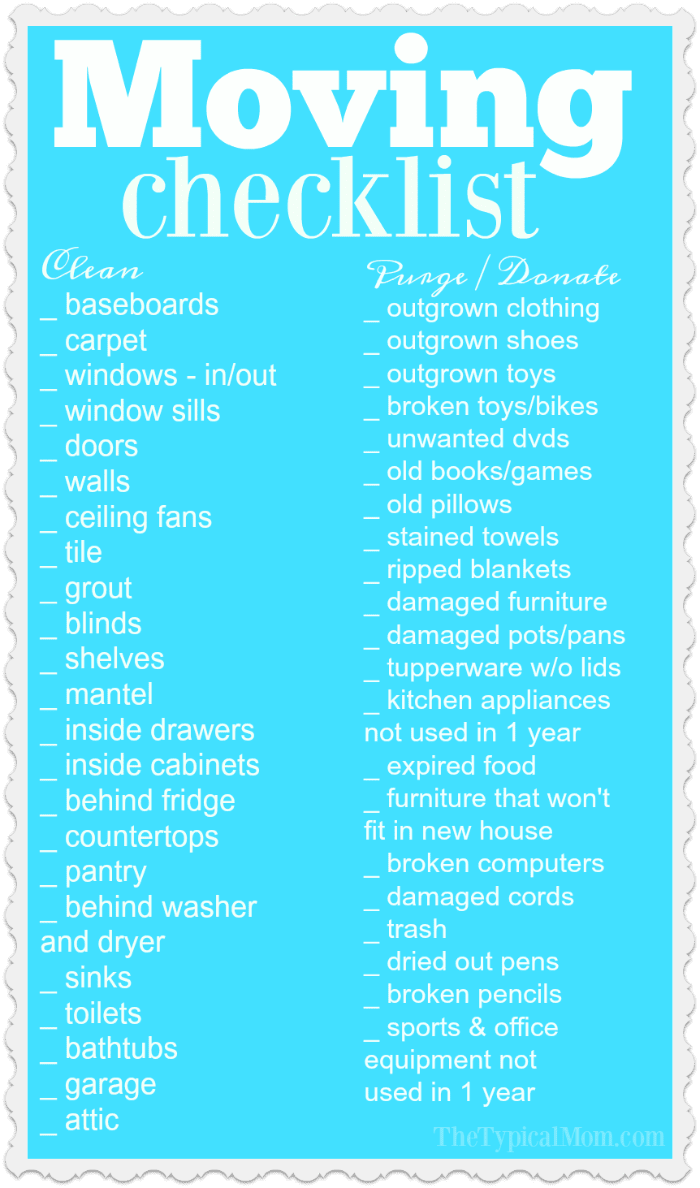 Free printable moving checklist that is a huge help when you need to clean and purge your old house! We have lots of other helpful moving tips and tricks to make your transition easier as well as how you can move cheaply across country if you're moving long distance. Every little bit helps! #moving #checklist #printable #printables printable moving checklist