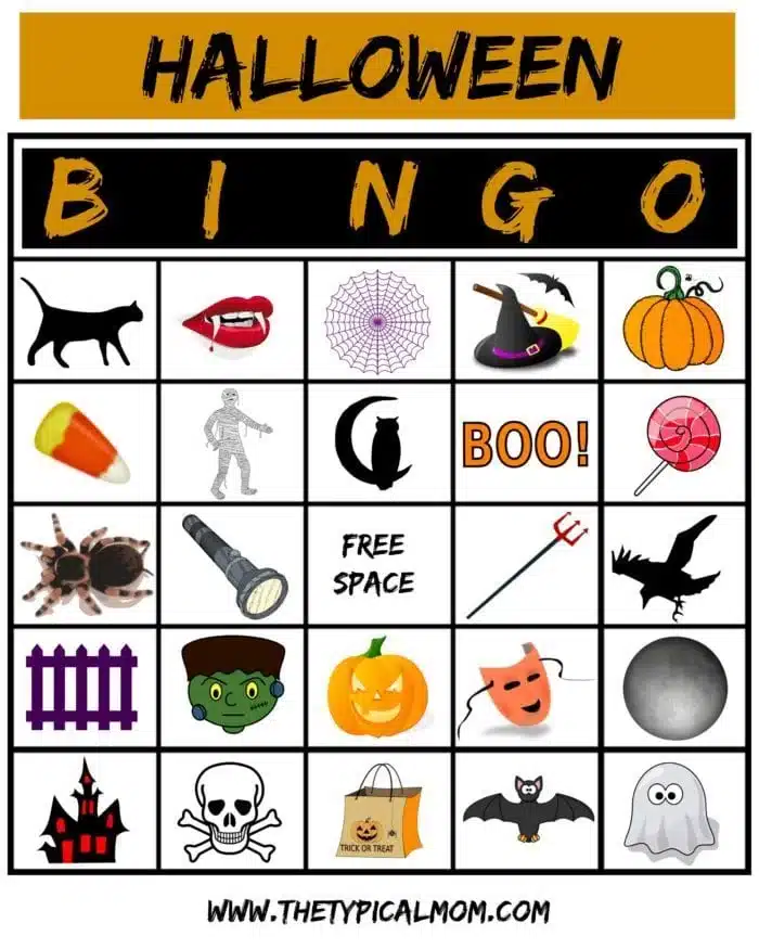 Halloween Bingo free printable game for kids to play in the classroom or at a party. Print as many as you like & use candy corn as markers! #halloween #bingo #printables #free #ghost #kids #pumpkin Halloween Bingo card featuring images such as a black cat, candy corn, spider, witch hat, mummy, lips with vampire teeth, pumpkin, ghost, haunted house, skull, fence, lollipop, flashlight, bat, devil pitchfork mask Frankenstein and a full moon. Enjoy playing Halloween Bingo!